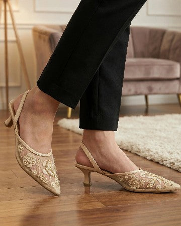 Embroidery Mesh Slingback Heels