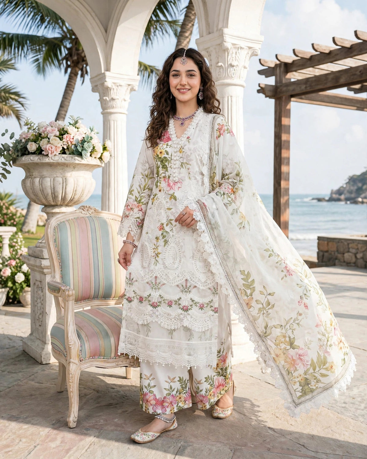 White Floral Luxury Lawn Chikankari Dress