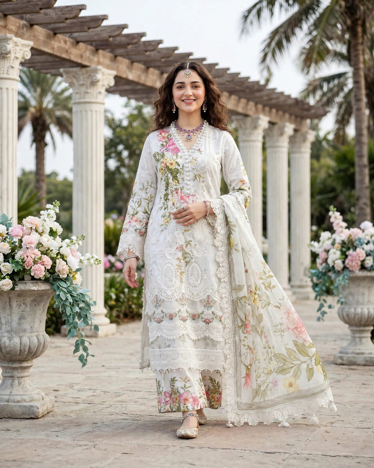 White Floral Luxury Lawn Chikankari Dress