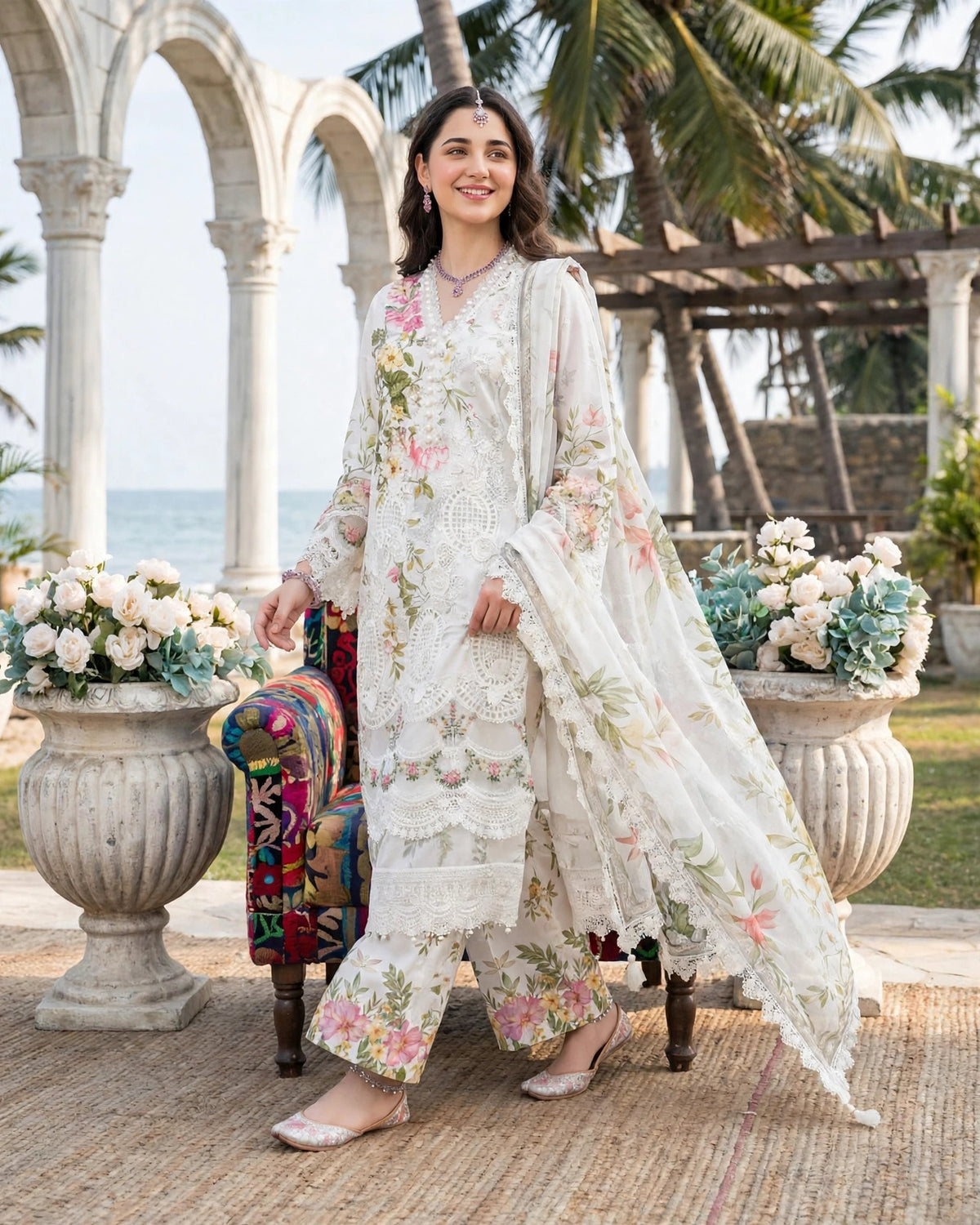 White Floral Luxury Lawn Chikankari Dress