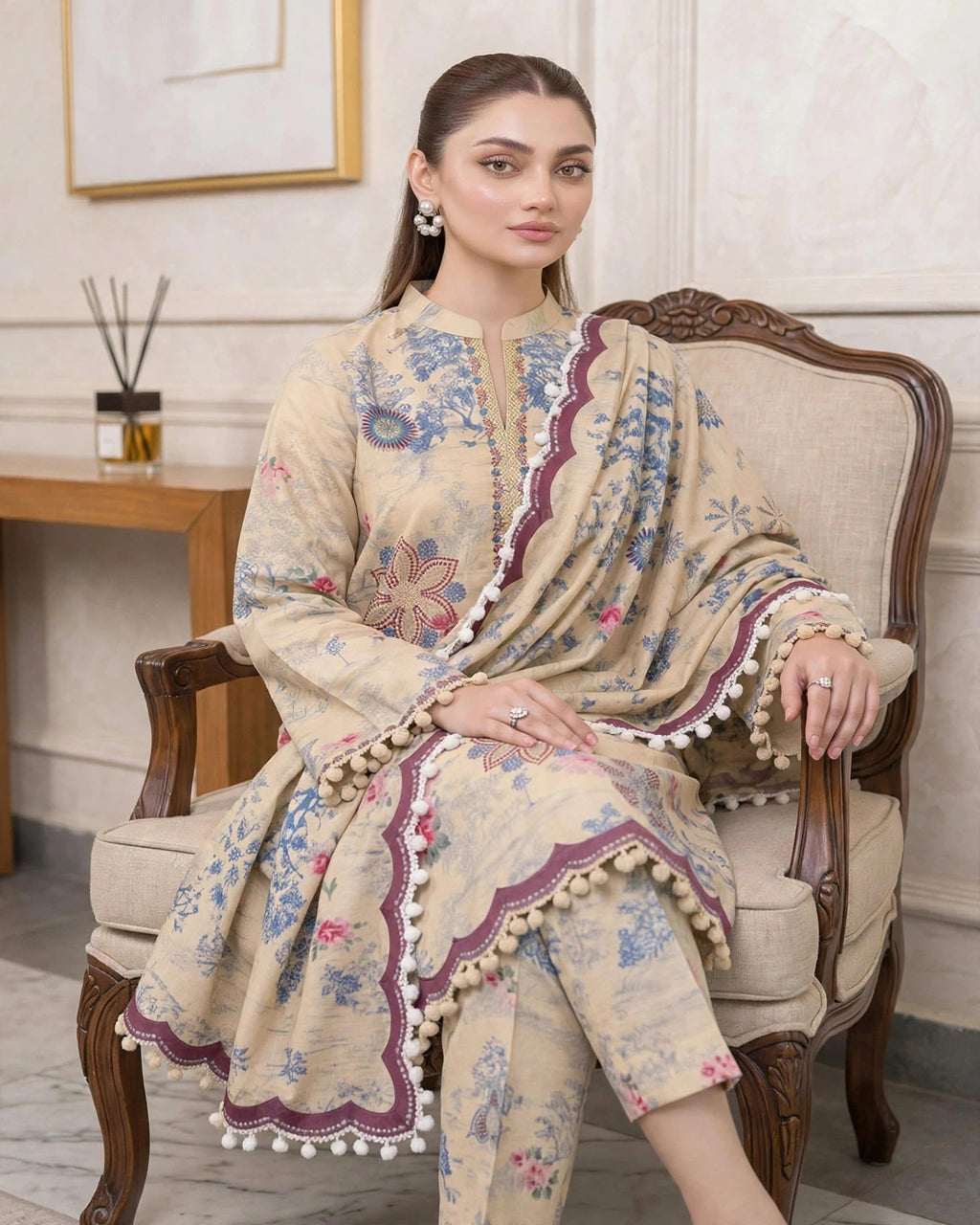 BEIGE BLUE FLORAL- 2 PC LAWN SUIT