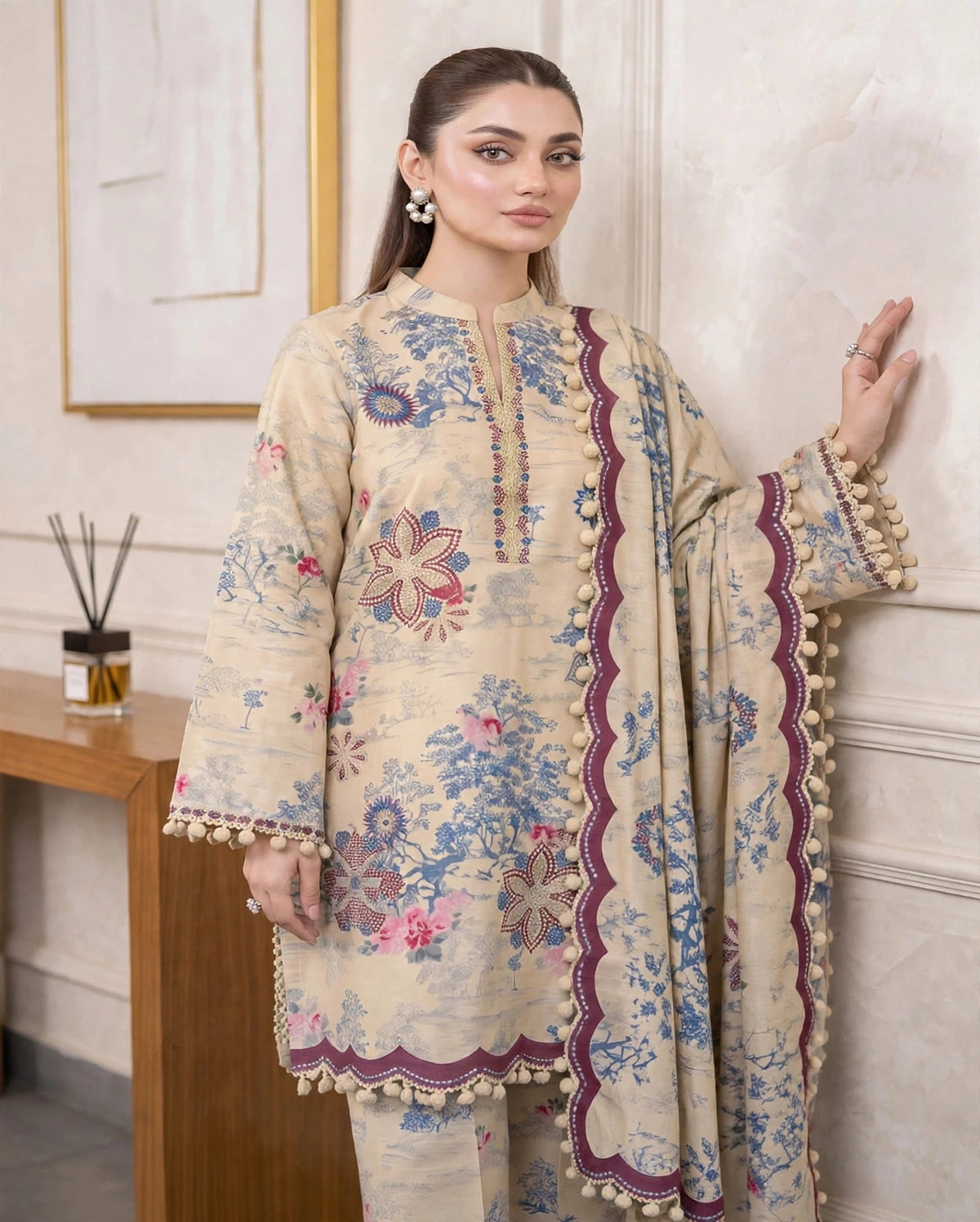 BEIGE BLUE FLORAL- 2 PC LAWN SUIT