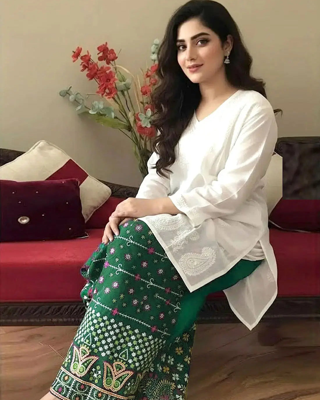 Trendy 2-Piece Embroidered Cotton Lawn Dress with Phulkari Bottoms