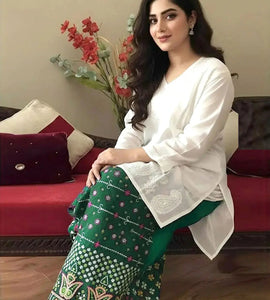 Trendy 2-Piece Embroidered Cotton Lawn Dress with Phulkari Bottoms