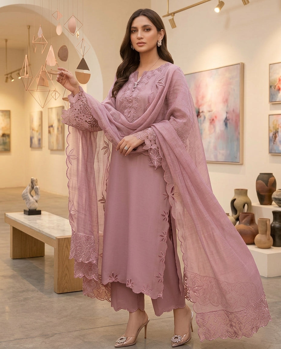 Elegant Mauve Pink Embroidered Lawn Suit – Festive Summer Collection