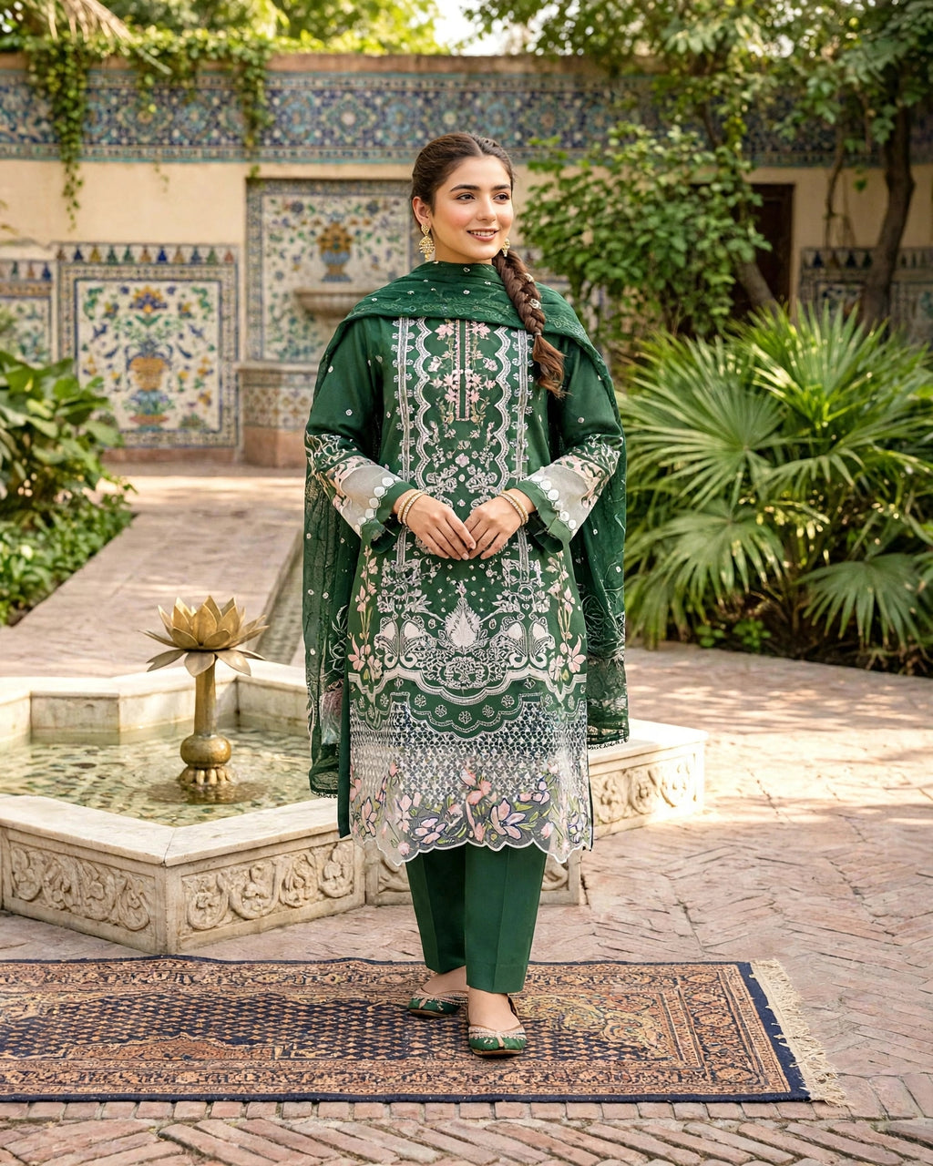 Heavy Schiffli Embroidered Cotton Dress with Emb. Chiffon Dupatta