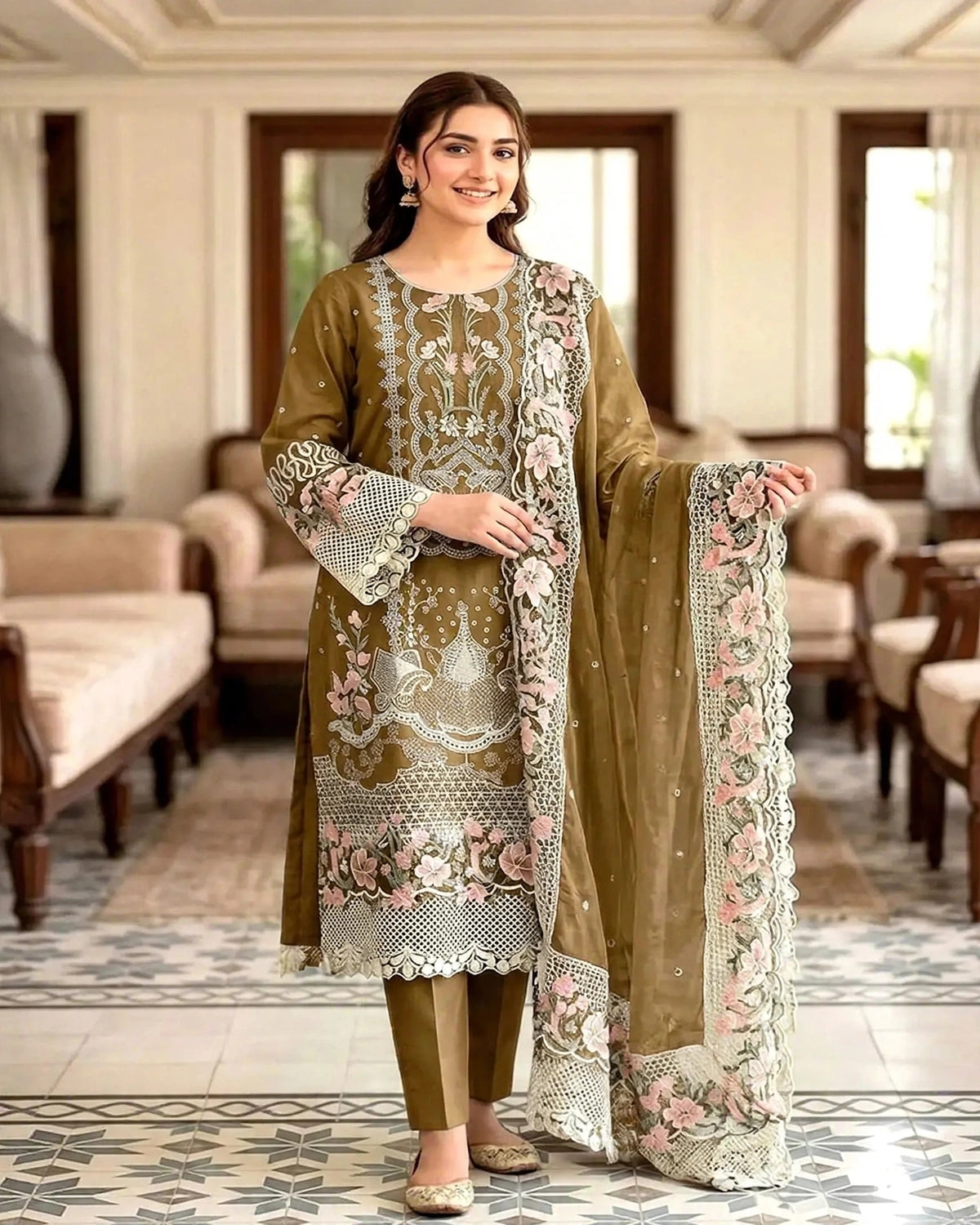 Heavy Schiffli Embroidered Cotton Dress with Emb. Chiffon Dupatta