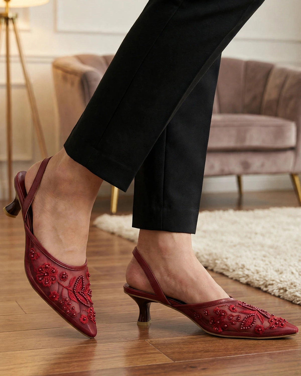 Embroidery Mesh Slingback Heels