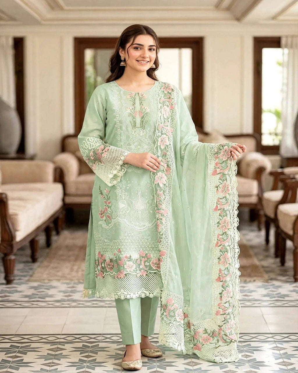 Heavy Schiffli Embroidered Cotton Dress with Emb. Chiffon Dupatta