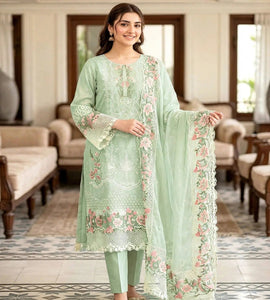 Heavy Schiffli Embroidered Cotton Dress with Emb. Chiffon Dupatta