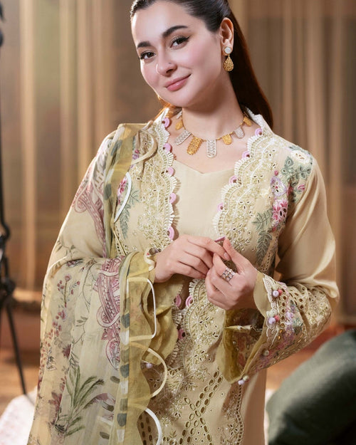Elegant Pastel Lemon Embroidered 3pc Lawn Suit – Premium Summer Collection